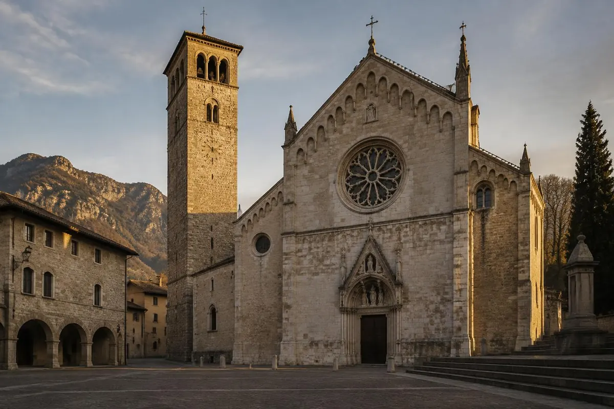 La facciata in pietra del Duomo di Gemona del Friuli con il campanile, ricostruito dopo il terremoto del 1976.